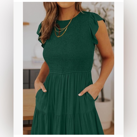 Casual Flutter Short Sleeve Crew Neck Smocked Elastic Waist Tiered Midi Dress - Picture 11 of 11